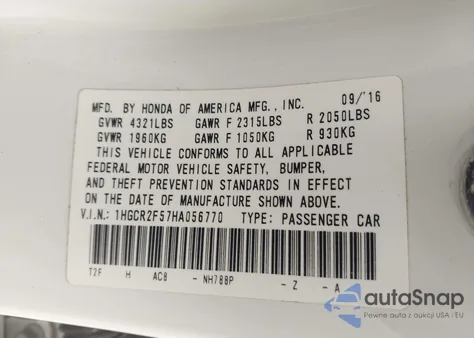 2017 Honda Accord Sport z USA, uszkodzony, nr VIN 1HGCR2F57HA056770